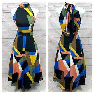 Tahari Colorful Abstract Geometric Colorblock Mock Neck Halter Retro Swing Dress